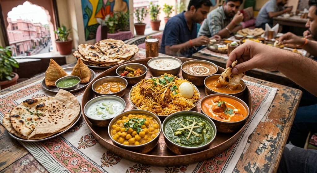 Indian dishes served in bowls at an outdoor food stall